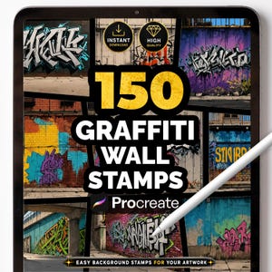 Może przedstawiać: Ekran tabletu cyfrowego wyświetlający kolekcję 150 stempli z murami graffiti dla programu Procreate. Ekran zawiera kolaż różnych miejskich teł z ceglanych murów pokrytych kolorową sztuką graffiti oraz napis 150 GRAFFITI WALL STAMPS.