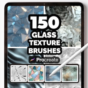 Puede incluir: Una tableta digital muestra el texto "150 GLASS TEXTURE BRUSHES" y el logotipo de Procreate. La pantalla muestra varios ejemplos de texturas de vidrio, y un lápiz óptico blanco está posicionado en la pantalla.