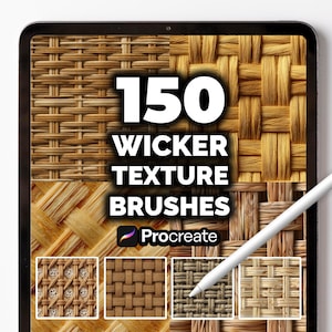 Puede incluir: Una tableta digital muestra un gráfico con el texto "150 Wicker Texture Brushes" y el logotipo de Procreate. La imagen muestra varias texturas de mimbre en tonos marrones y beige, con un lápiz óptico blanco en la pantalla.