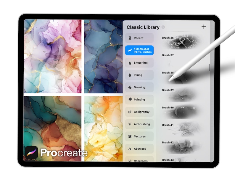 Op de afbeelding: Een digitale tablet met de interface van de Procreate-app. Het scherm toont kleurrijke abstracte kunst en een menu met penseelopties. Een witte stylus zweeft boven het scherm. Het logo van de app is linksonder zichtbaar.
