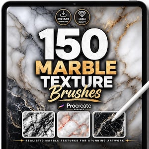 May include: A digital tablet displays a graphic for 150 marble texture brushes. The text includes "Instant Download" and "High Quality" icons. The title reads "150 MARBLE TEXTURE Brushes" with "Procreate BRUSHES" below. Three marble texture examples are shown.