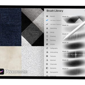 May include: A digital tablet showing the Procreate app with a stylus. The screen displays fabric textures and a brush library. The fabric swatches include navy, beige, and black and white patterns. The brush library includes options for sketching, inking, and painting.