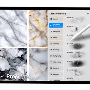 May include: A digital tablet displaying the Procreate app interface. The screen shows marble textures and a brush library. A stylus hovers over the screen. The app's logo is visible in the lower left corner.