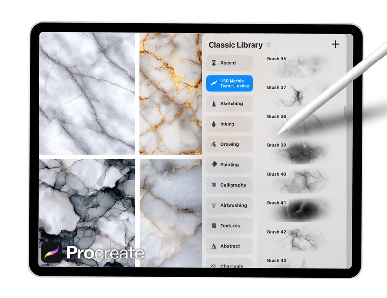 May include: A digital tablet displaying the Procreate app interface. The screen shows marble textures and a brush library. A stylus hovers over the screen. The app's logo is visible in the lower left corner.