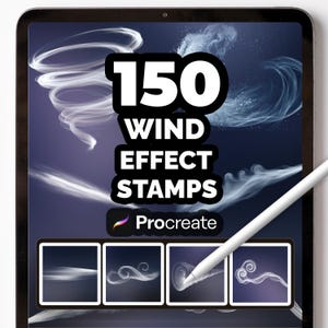 May include: A digital tablet screen displaying 150 Wind Effect Stamps for Procreate. The screen features white swirling wind graphics against a dark purple background, with four square preview boxes at the bottom and a white stylus resting on the screen.