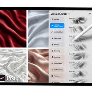 Puede incluir: Una tableta digital muestra la interfaz de la aplicaci&oacute;n Procreate, con pinceles de textura de seda y un men&uacute; de Biblioteca Cl&aacute;sica. La pantalla presenta muestras de seda roja, blanca y beige. Un l&aacute;piz &oacute;ptico flota sobre la pantalla.