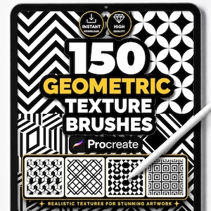 May include: A digital tablet screen displaying a collection of 150 geometric texture brushes for Procreate. The interface features black and white patterns, including chevron, circular, and grid designs, with a white stylus resting on the screen.
