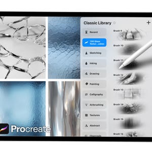 Pode incluir: Interface de aplicativo de arte digital em um tablet, com uma "Biblioteca Cl&aacute;ssica" e visualiza&ccedil;&otilde;es de texturas. O aplicativo "Procreate" &eacute; exibido com uma caneta sobre a tela. A tela mostra texturas de vidro.