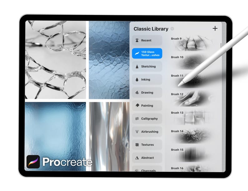 Pode incluir: Interface de aplicativo de arte digital em um tablet, com uma "Biblioteca Cl&aacute;ssica" e visualiza&ccedil;&otilde;es de texturas. O aplicativo "Procreate" &eacute; exibido com uma caneta sobre a tela. A tela mostra texturas de vidro.