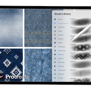 May include: A digital tablet displays the Procreate app with a denim texture brush set. The screen shows various denim patterns and a brush library with options like sketching, inking, and painting. A stylus hovers over the screen.