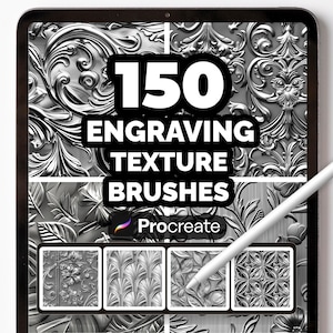 Puede incluir: Una tableta digital muestra 150 pinceles de textura de grabado para Procreate. La pantalla presenta varios patrones ornamentados en escala de grises, con un lápiz óptico. El texto "150 ENGRAVING TEXTURE BRUSHES" es prominente. La imagen muestra diversas texturas detalladas.