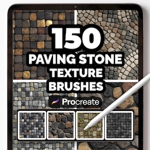 May include: A digital tablet displays a collection of paving stone texture brushes. The screen shows a grid of stone textures, with the number "150" prominently displayed. The text "PAVING STONE TEXTURE BRUSHES" is also visible, along with the Procreate logo and text.
