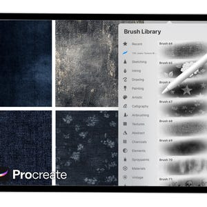 May include: A digital art app, Procreate, displayed on a tablet. The screen shows a brush library and four denim texture swatches. A stylus hovers over the screen. The app's logo is visible in the lower left corner.