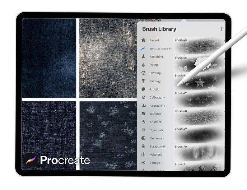 May include: A digital art app, Procreate, displayed on a tablet. The screen shows a brush library and four denim texture swatches. A stylus hovers over the screen. The app's logo is visible in the lower left corner.