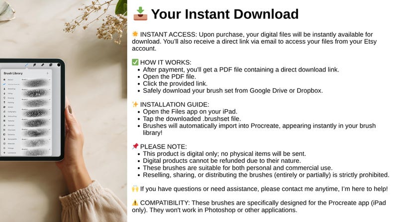 Puede incluir: Un iPad muestra una biblioteca de pinceles digitales con ejemplos de trazos de pincel. La imagen incluye texto sobre descargas instant&aacute;neas, instalaci&oacute;n y compatibilidad con la aplicaci&oacute;n Procreate.