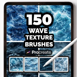 May include: A digital tablet displays a collection of wave texture brushes. The screen shows a grid of ocean wave patterns in shades of blue and white. Text reads "150 WAVE TEXTURE BRUSHES" and "Procreate". A white stylus is positioned on the screen.