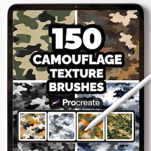 Könnte beinhalten: Ein digitales Tablet zeigt "150 CAMOUFLAGE TEXTURE BRUSHES" und das Procreate-Logo. Das Bild zeigt verschiedene Tarnmuster in Grün, Braun, Grau und Orange. Ein weißer Stift ist auf dem Bildschirm positioniert.