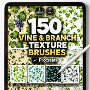 May include: A digital art pack for Procreate with 150 vine and branch texture brushes. The image shows a tablet screen with green and blue ivy and grape vine patterns. Includes the text "Instant Download" and "High Quality".