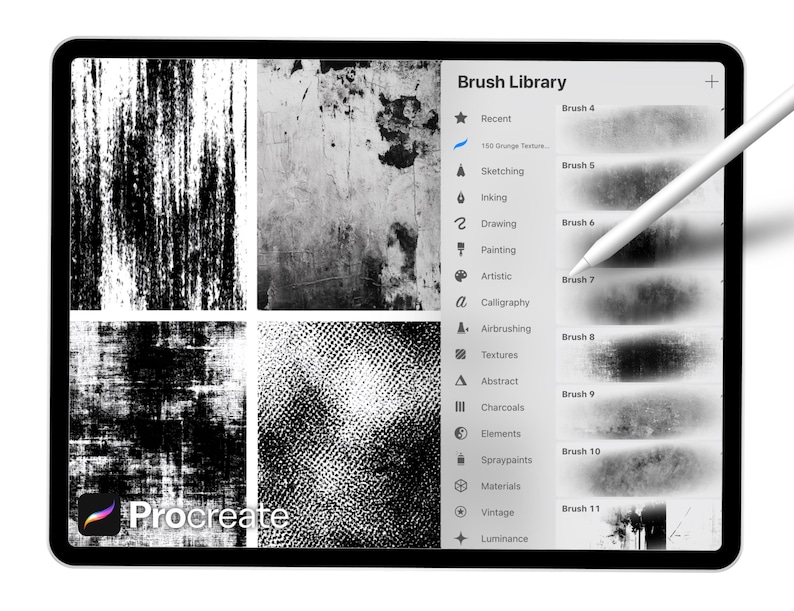 150 pennelli con texture grunge per Procreate – Set di pennelli con effetti usurati, sporchi, grunge e vintage per arte digitale, poster e sfondi. immagine 6