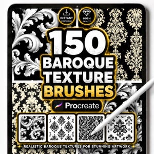 150 pennelli per texture barocche per Procreate – Set di pennelli per damasco ornamentale, motivi vintage e decorazioni classiche