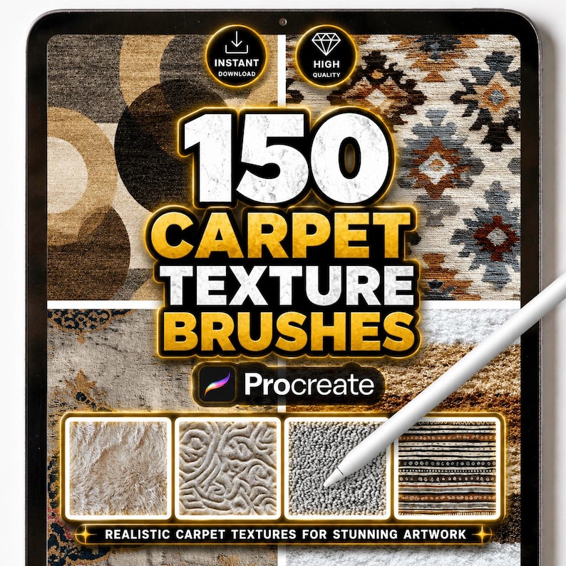 Carpet texture brushes for Procreate app, featuring a collection of 150 digital texture assets displayed on an iPad screen. The preview showcases high-resolution fabric overlays including bohemian tribal rugs, vintage Persian carpets, cozy modern shaggy rugs, and geometric repeating floor patterns for digital room interior design.