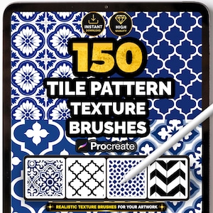 May include: A digital tablet screen displaying a collection of 150 tile pattern texture brushes for Procreate. The background features blue and white geometric tile designs. Text includes 150 TILE PATTERN TEXTURE BRUSHES, INSTANT DOWNLOAD, HIGH QUALITY, and Procreate.