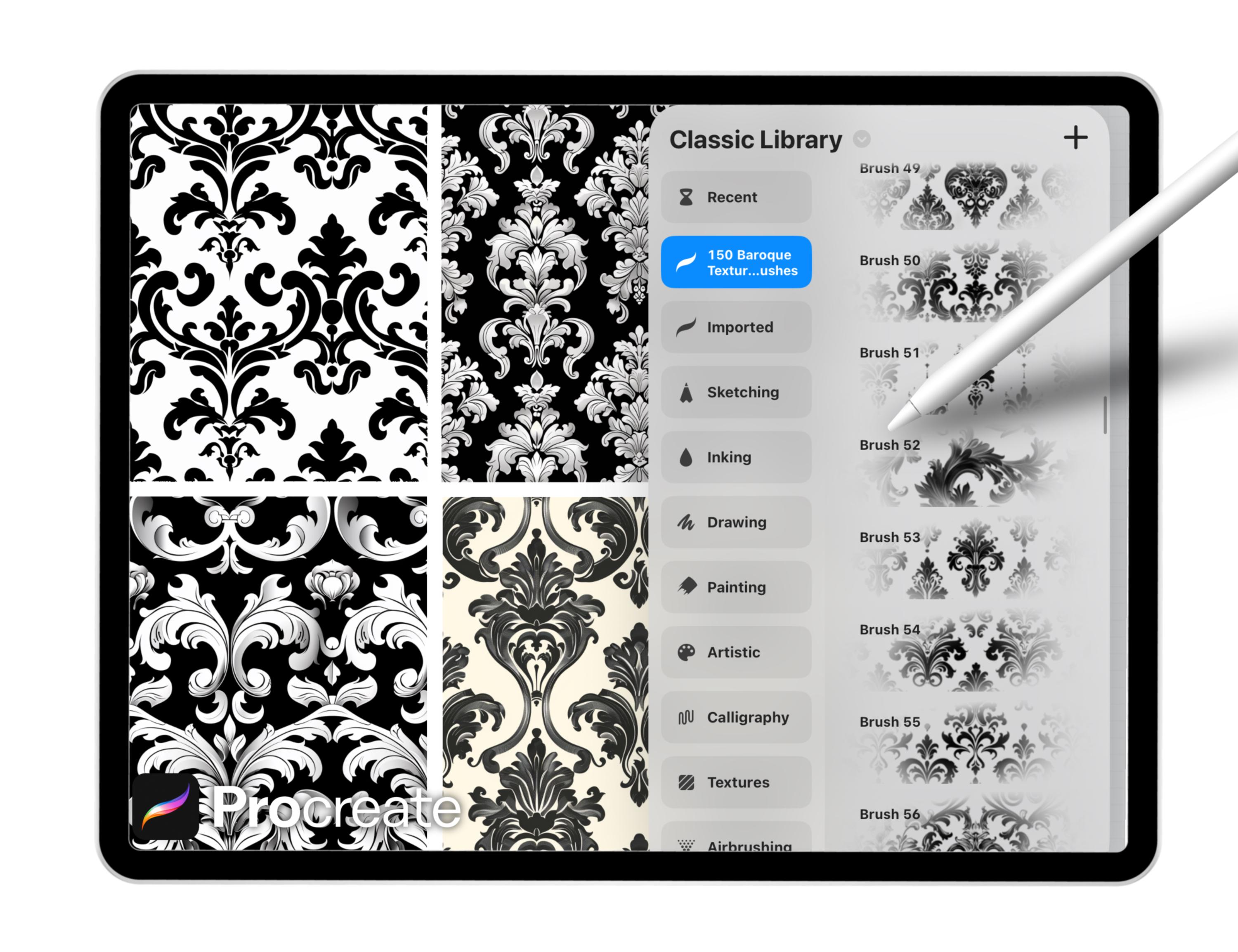 150 Baroque Texture Brushes for Procreate – Ornamental Damask, Vintage ...