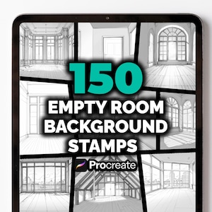 Op de afbeelding: Een digitale tablet toont 150 lege kamer achtergrond stempels. De tekst "150 EMPTY ROOM BACKGROUND STAMPS" is in het wit, met het nummer "150" in felgroen. Het Procreate-logo is zichtbaar aan de onderkant.