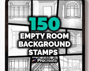 150 sellos de fondo de habitación vacía para Procreate: bocetos de interiores y escenas arquitectónicas, sala manga