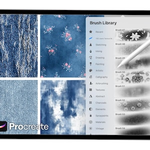 May include: A digital tablet displaying a Procreate interface with various denim and floral textures. The screen shows a brush library with different brush styles. A white stylus hovers over the screen, indicating digital art creation.
