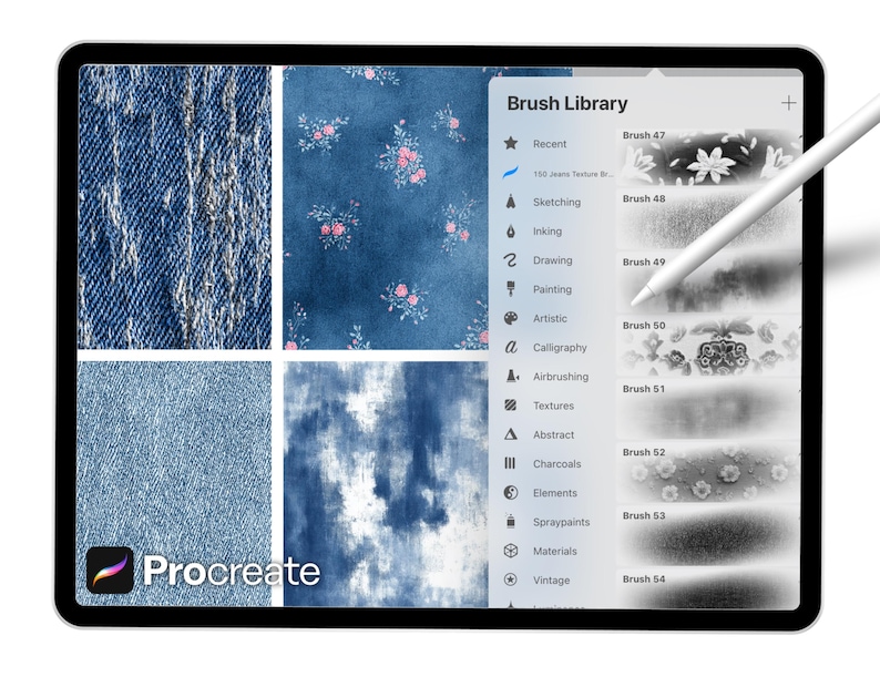 May include: A digital tablet displaying a Procreate interface with various denim and floral textures. The screen shows a brush library with different brush styles. A white stylus hovers over the screen, indicating digital art creation.