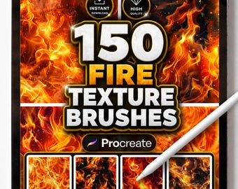 150 pinceles de textura de fuego para Procreate: llamas, chispas, brasas y efectos de humo realistas para arte digital.