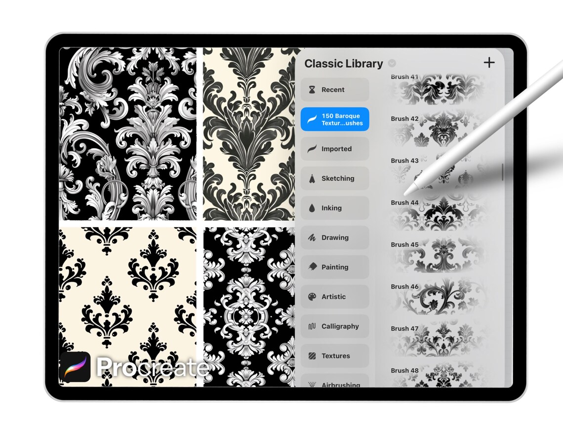 150 Baroque Texture Brushes for Procreate – Ornamental Damask, Vintage ...