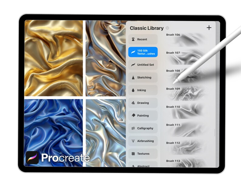 Puede incluir: Una tableta digital muestra la interfaz de la aplicaci&oacute;n Procreate. La pantalla muestra muestras de texturas de seda en oro, plata y azul. La biblioteca de pinceles de la aplicaci&oacute;n es visible, con un l&aacute;piz &oacute;ptico flotando sobre la pantalla. El texto "Classic Library" est&aacute; en la parte superior.