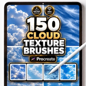 150 Pincéis de Textura de Nuvens para Procreate – Conjunto de Carimbos com Céu Realista, Nuvem Suave, Céu para Pintura, Atmosfera e Nuvem Suave