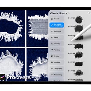 May include: A digital art illustration on a tablet screen. The screen displays a Procreate app interface with denim textures and brush options. The app features a "Classic Library" with options like "150 Ripped Jeans Stamps". A stylus hovers over the screen.