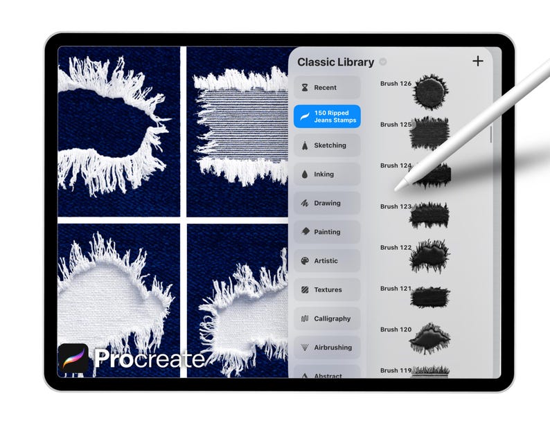 May include: A digital art illustration on a tablet screen. The screen displays a Procreate app interface with denim textures and brush options. The app features a "Classic Library" with options like "150 Ripped Jeans Stamps". A stylus hovers over the screen.
