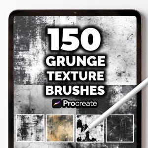 Könnte beinhalten: Ein digitales Tablet zeigt den Text "150 GRUNGE TEXTURE BRUSHES" mit dem Procreate-Logo. Der Hintergrund zeigt verschiedene Grunge-Texturen in Schwarzweiß, mit einem weißen Stift, der auf den Bildschirm zeigt. Vier Texturbeispiele sind unten abgebildet.