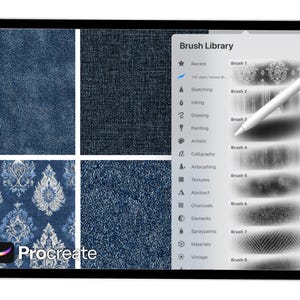 May include: A digital tablet displays a Procreate interface with a stylus. The screen shows denim textures and a brush library. The brush library includes options for sketching, inking, drawing, painting, and textures. The Procreate logo is visible in the lower left corner.