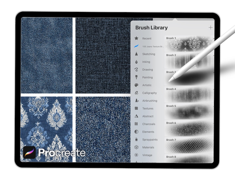 May include: A digital tablet displays a Procreate interface with a stylus. The screen shows denim textures and a brush library. The brush library includes options for sketching, inking, drawing, painting, and textures. The Procreate logo is visible in the lower left corner.