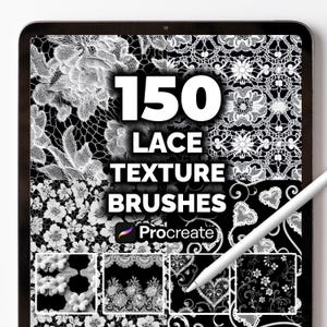 Peut inclure: Une tablette numérique affiche 150 pinceaux de texture de dentelle pour Procreate. L'écran présente divers motifs de dentelle blanche sur fond noir. Un stylet blanc est posé sur l'écran, mettant en valeur les outils d'art numérique.
