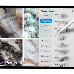 May include: A digital tablet displaying the Procreate app interface. The screen shows marble texture options and a brush library. A stylus hovers over the screen. The app logo is visible in the bottom left corner.