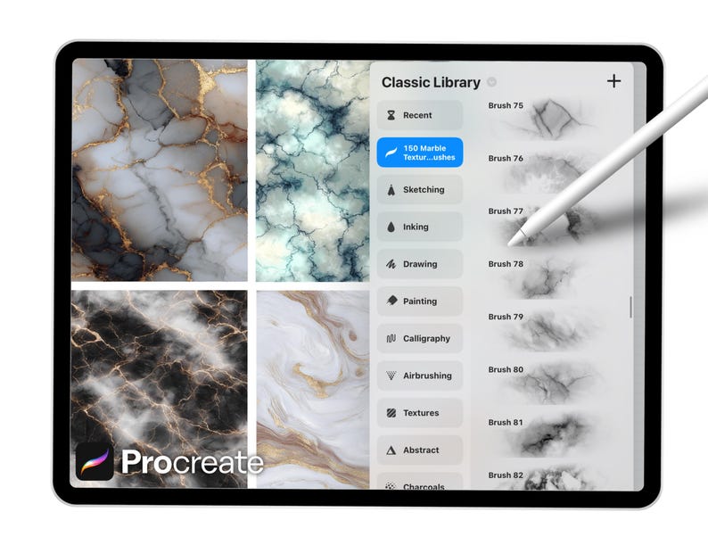 May include: A digital tablet displaying the Procreate app interface. The screen shows marble texture options and a brush library. A stylus hovers over the screen. The app logo is visible in the bottom left corner.
