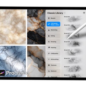 May include: A digital tablet displaying the Procreate app with a stylus. The screen shows marble texture swatches and a brush library. The app interface includes options for sketching, inking, drawing, painting, and more. The Procreate logo is visible.