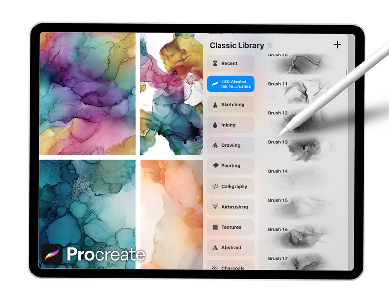 Op de afbeelding: Een tablet met de interface van de Procreate-app, met kleurrijke abstracte kunstvoorbeelden. Het scherm toont de "Classic Library" met penseelopties en het Procreate-logo. Een witte stylus suggereert digitale kunstcreatie.
