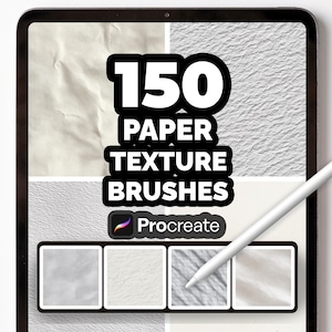 Puede incluir: Una tableta digital muestra "150 PAPER TEXTURE BRUSHES" y el logotipo de Procreate. La pantalla está dividida en secciones que muestran texturas de papel. Un lápiz óptico blanco descansa sobre la pantalla, sugiriendo creación de arte digital.