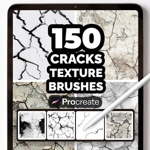 Könnte beinhalten: Ein digitales Tablet zeigt 150 Riss-Textur-Pinsel für Procreate. Das Bild zeigt verschiedene Graustufen-Rissmuster, mit einem weißen Stift, der auf den Bildschirm zeigt. Der Text "150 CRACKS TEXTURE BRUSHES" ist deutlich zu sehen.