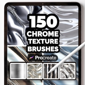 Puede incluir: Una tableta digital que muestra "150 Chrome Texture Brushes" para Procreate. La imagen presenta varias texturas metálicas, con un lápiz óptico en la pantalla. Las texturas incluyen metal cepillado y efectos de cromo líquido.