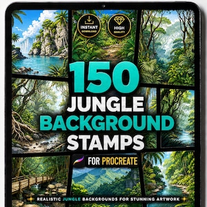 Sellos de Procreate con fondo de jungla, pinceles de bosque tropical, escenas de paisajes naturales.