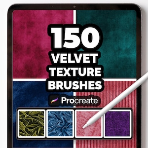 Peut inclure: Une tablette numérique affiche "150 VELVET TEXTURE BRUSHES" et le logo Procreate. L'écran présente des textures de velours dans des couleurs variées, dont rouge, bleu canard, bleu et violet. Un stylet blanc est posé sur l'écran.